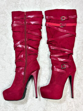Red Suede Strappy Boots